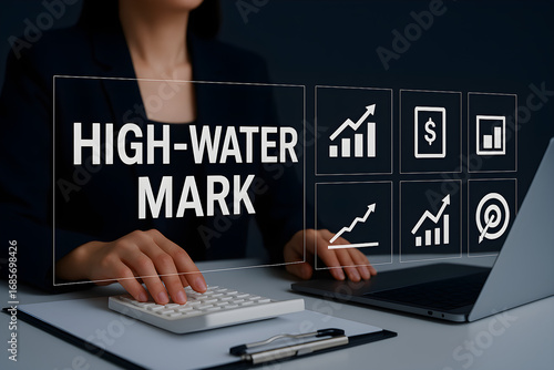 High water mark investment concept with hedge fund performance and profit benchmark analysis