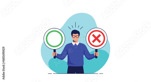 Man holding yes and no signs decision making choices between right and wrong options