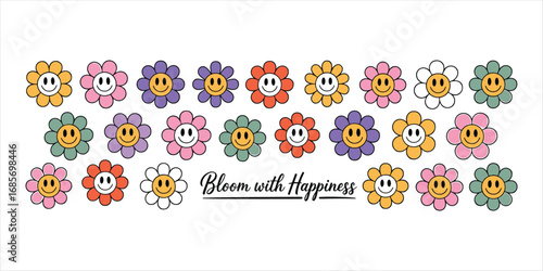 Retro groovy flowers with smiley faces and text Bloom with Happiness Keywords: retro, groovy, flowers
