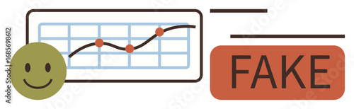 happy emotion beside a line graph with data points trending upward, contrasted with bold Fake text. Ideal for misinformation, fake news, data manipulation, digital ethics, critical thinking