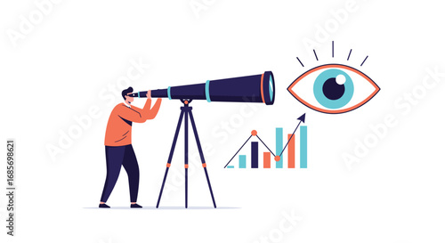 Man with telescope looking at growth chart and eye symbol illustrating vision and success