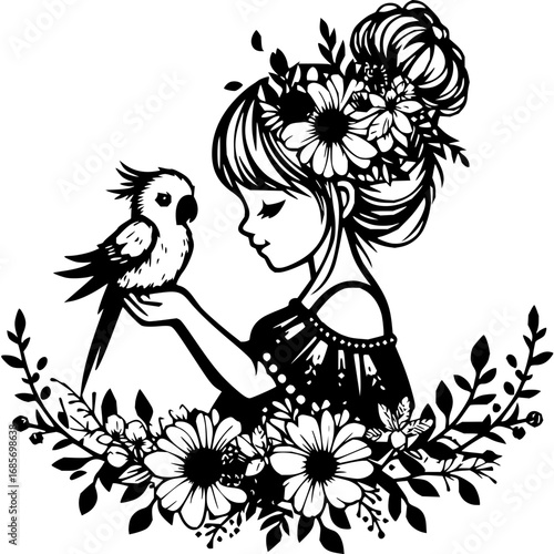 Gentle girl holding a bird surrounded by delicate flowers and leaves, a whimsical scene