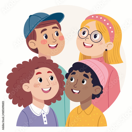 Group of four diverse children smiling and looking up in vector style