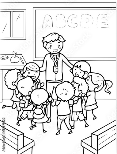 Joyful teacher guides excited young students in a vibrant classroom learning session