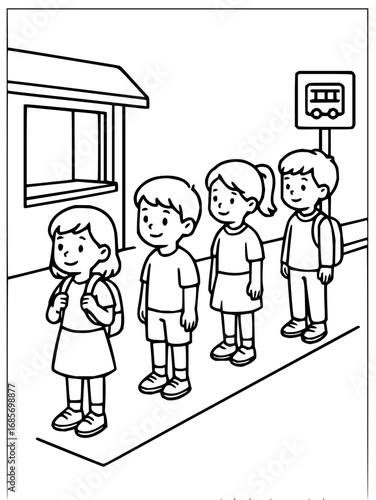 Happy diverse children eagerly waiting for school bus ride adventure together