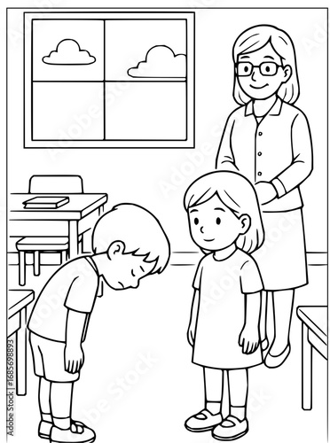 Teacher guides attentive students learning classroom etiquette and respect during lesson