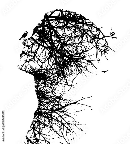 Abstract silhouette of a human head filled with intricate tree branches and a small bird.