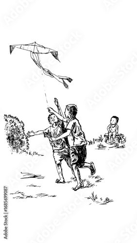 Joyful children chase a kite in a sunlit meadow, capturing pure childhood freedom and outdoor fun.