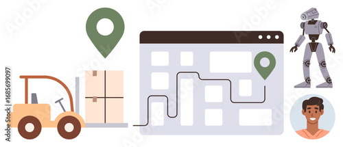 Forklift moving boxes, map interface showing delivery route with markers, robot assisting operations, human collaboration. Ideal for logistics, automation, delivery, AI, collaboration technology