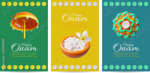 3D festive colorful posters for Indian Onam Festival with umbrella, rice pudding and flower.