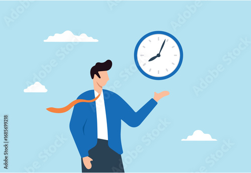 Businessman holding clock illustrating commitment to meeting reminders. Concept of punctuality, being on time for appointments or schedules, finishing work within deadlines, and time management