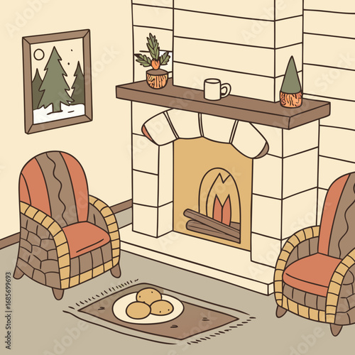 vector illustration of a old house interior with a fireplace