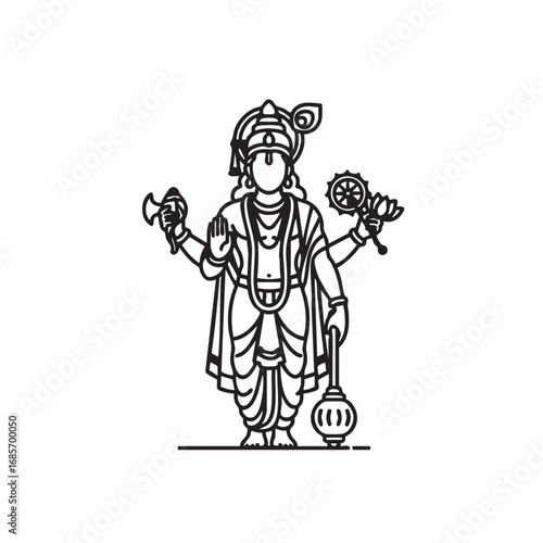 Vector Illustration of Hindu Deity with Multiple Arms in Minimalist Black Line Style for Religious Iconography