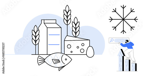 Milk carton, cheese, fish, egg, wheat, snowflake, and person examining data. Ideal for sustainability farming supply chain nutrition research food systems cold storage. Simple flat metaphor