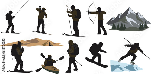 Outdoor adventure silhouettes, mountain hiking vector, kayaking illustration, skiing, snowboarding, fishing, archery, wilderness camping, nature exploration, trekking