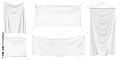 Realistic white vinyl or textile material poster on string 3D mockup vector set, hanging pennants or stretched canvas