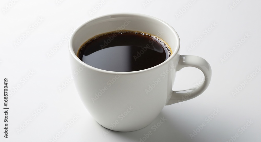 Obraz premium Dark coffee sits warmly in a simple white cup against a bright background.. AI Generated