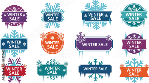 Winter Sale Badge Vector Set with Snowflake and Icicle Details

