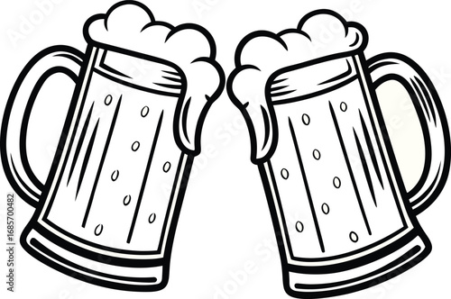 Two beer mugs toasting with frothy beer
