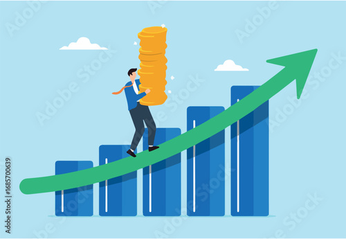 Businessman carries stack of money coins while walking up growth graph diagram, illustrating increasing revenue, income, or investment profit. Concept of growing wealth, and successful savings