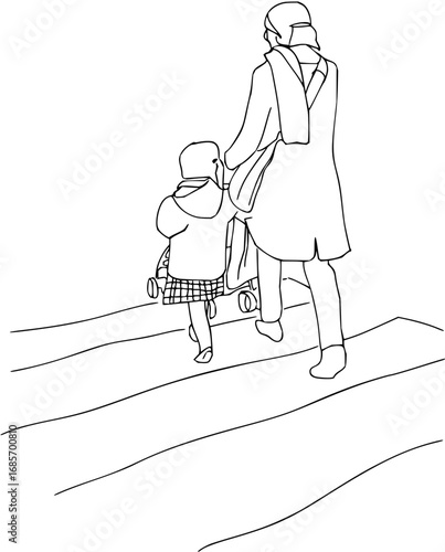 Parent and child walking together across a street, a heartwarming scene of everyday life and care