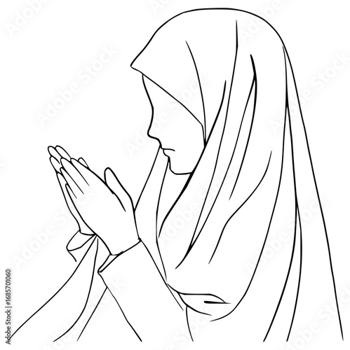 Devout woman in hijab praying with clasped hands, seeking peace and spiritual connection in quiet contemplation.