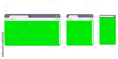 Web Browser Windows on display: Three web browser windows in varying sizes are showcased against a clean background, each with a vibrant green screen, symbolizing a digital interface or display area.