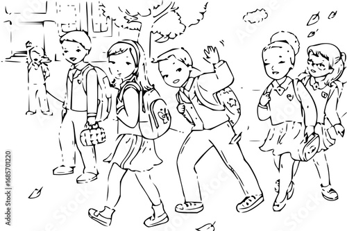 Joyful children happily heading to school with backpacks on a sunny day