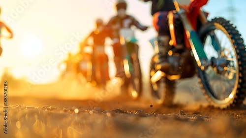 Motocross riders kicking up dust at sunset