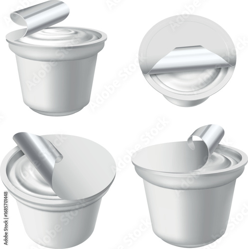 3d mockup set of plastic cups with yogurt and open lids, from different sides.