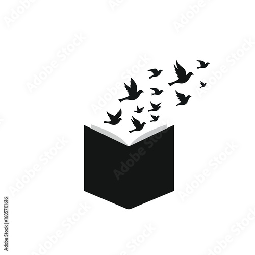 Black silhouette of an open book with birds flying from pages