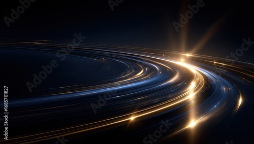 Abstract swirling, circular light trails in gold and blue on a dark background