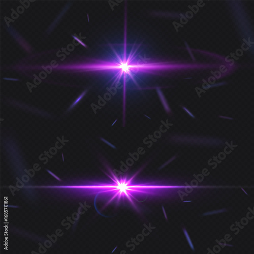 Sunrise or sunset horizon, moon eclipse purple spark effect vector illustrations set, glowing space planets shiny rays