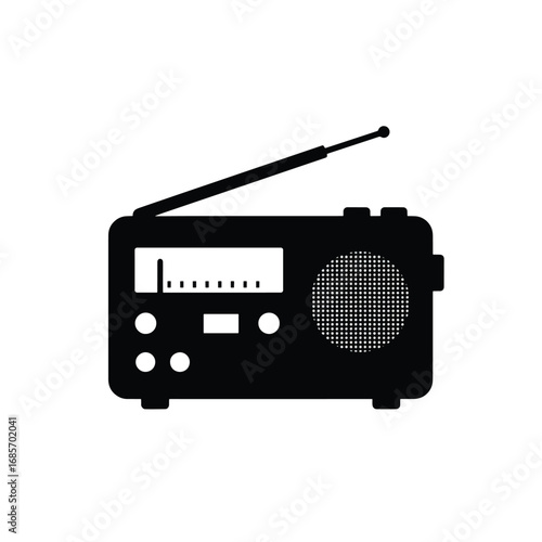 Black silhouette of a portable radio with an antenna and speaker