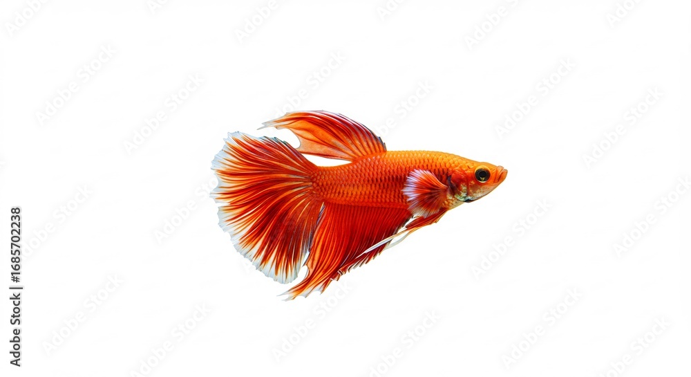 Fototapeta premium Vibrant orange betta fish gracefully swims against bright white background. AI Generated