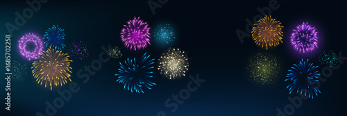 Fireworks salute with shining sparks, festive firecracker burst, colorful pyrotechnic shimmering explosion vector illustration