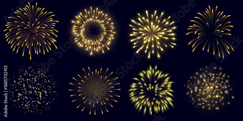 Set of festive golden fireworks with glowing sparks and splashes, different shapes.