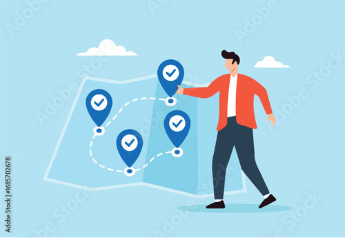 Flat illustration of freelancer navigating task map with checklist icons as destination markers to represent progress tracking and workflow planning