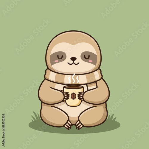 A cute cartoon sloth wearing a scarf holding a mug of coffee