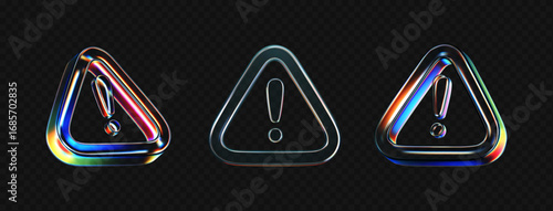 3D glass alert icon with neon glow isolated on dark bg. Render of triangle sign cyber risk, scam, fraud, hacker attack. Transparent warning mark for caution, danger, exclamation and hazard. 3D vector