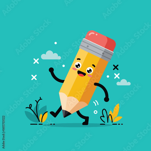 A happy anthropomorphic pencil with arms and legs walking on a teal background