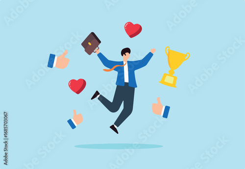 Flat illustration of happy businessman celebrating with trophy hearts and likes for achievement performance and social approval