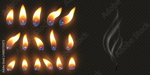 Realistic candle fire flames, vector set of 3D flare and smoke texture on transparent background, burning wick animation
