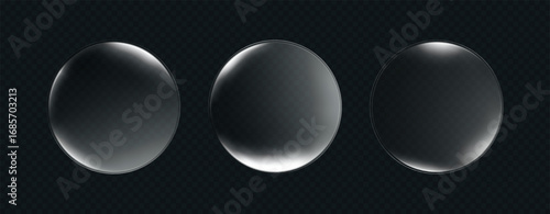 3D liquid glass disc with halo effect. Transparent glossy UI element. Round acrylic button or mirror, futuristic sphere, lens or token for digital interface, game asset, tech design. 3d vector