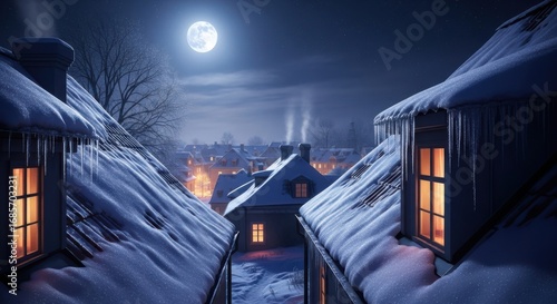 Cozy Winter Night Over Snow Covered Rooftops