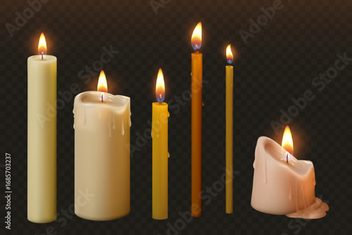 Set of realistic burning candles, thick, thin, church, spa and decor.