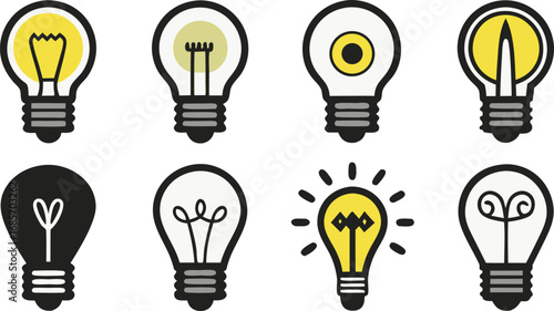 Collection of diverse light bulb icons representing energy and innovation