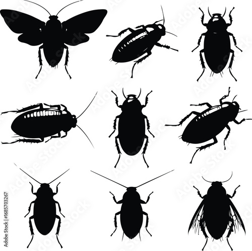 Cockroach Insect Black Silhouette Icon Vector Set Pest Control Cockroach Silhouette Design Symbol Collection