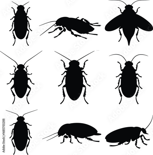 Cockroach Insect Black Silhouette Icon Vector Set Pest Control Cockroach Silhouette Design Symbol Collection