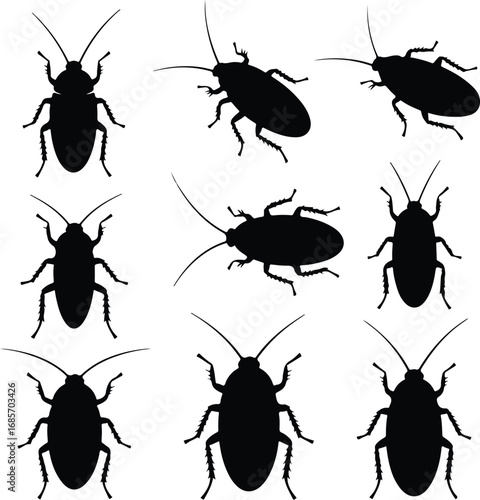 Cockroach Insect Black Silhouette Icon Vector Set Pest Control Cockroach Silhouette Design Symbol Collection